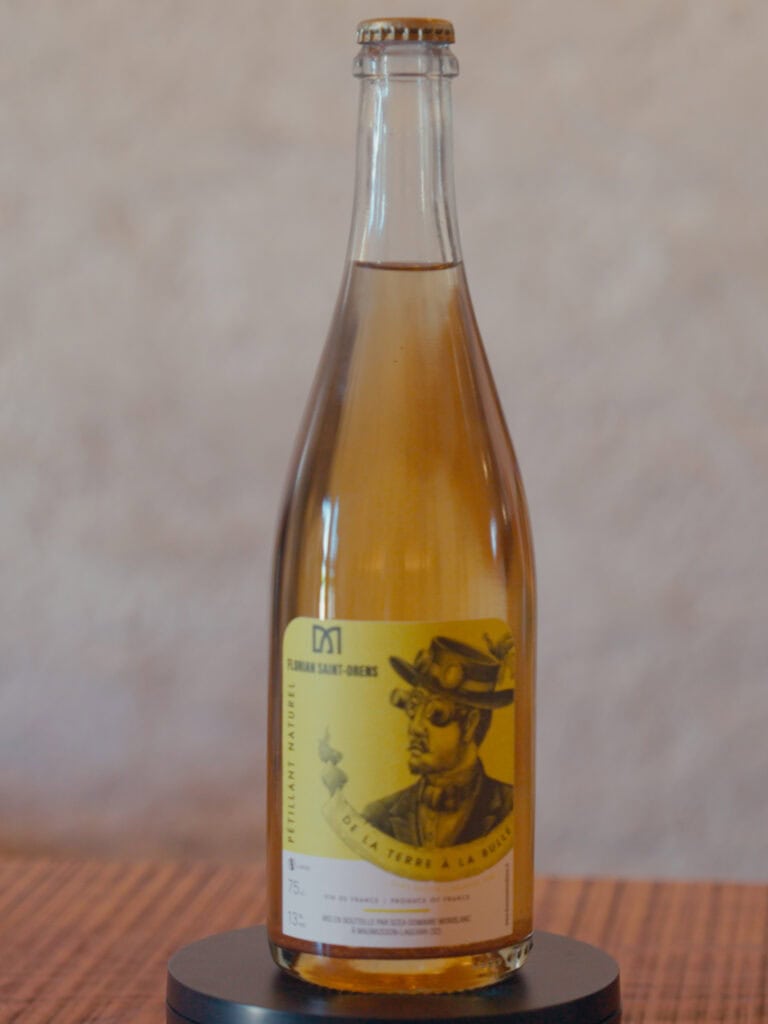 Visuel illustrant la cuvée "De la Terre à la lune" de Florian Saint-Orens du domaine Monblanc. Un assemblage de Cépages: 75% gros-manseng, 25% petit-manseng en pétillant naturel.